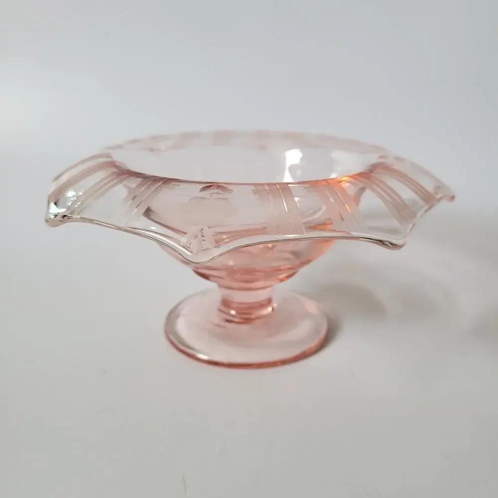Vintage Pink Depression Glass Etched Rim Pedestal‎ Compote Bowl